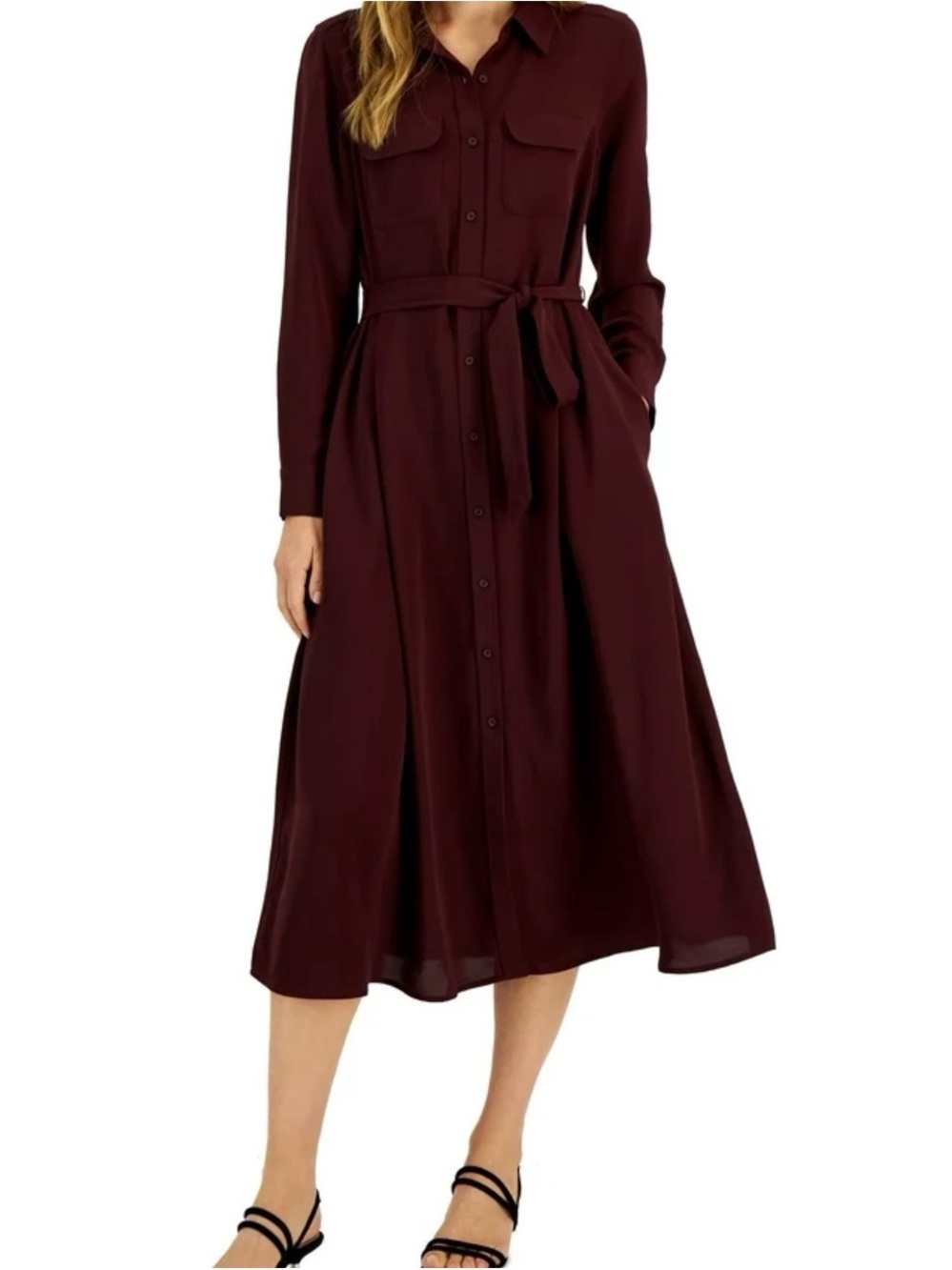 Alfani Button-Front Midi Shirt Dress in Deep Burgundy